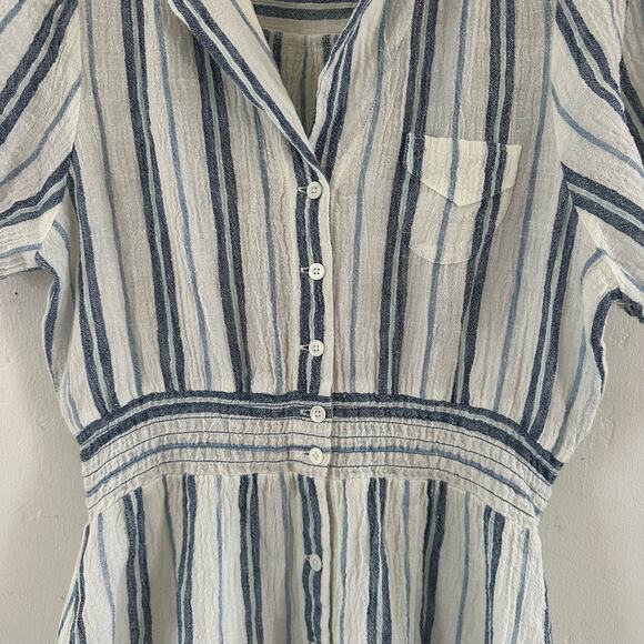 Outerknown Short Sleeve Collared Knee Length Stripe Dress Elastic Waist Small - Picture 5 of 10